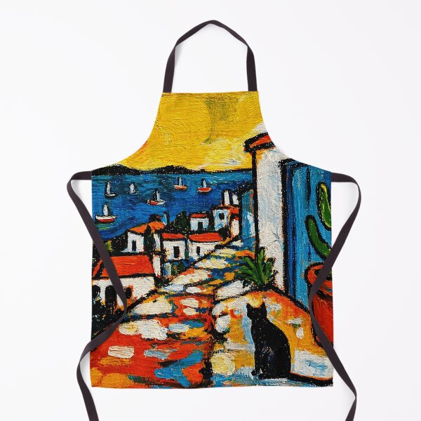 Item preview, Colorful Mediterranean Seaside Village Painting with Cat and Coastal Sunset designed and sold by Modaozushi216.