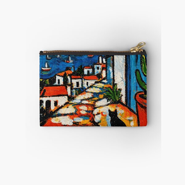 Item preview, Colorful Mediterranean Seaside Village Painting with Cat and Coastal Sunset designed and sold by Modaozushi216.
