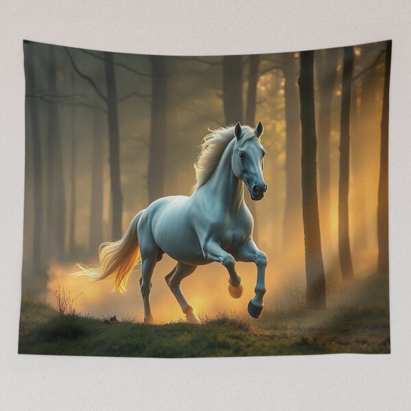 Item preview, Majestic White Horse Running Through Mystical Forest Sunset designed and sold by IntelliMindDesigns.
