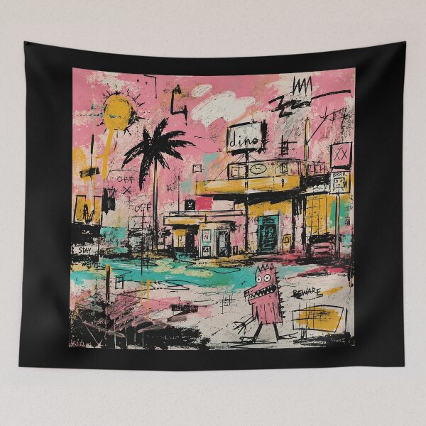 Item preview, Chaotic Pink Street Scene With Graffiti Monster Urban designed and sold by eliramaison.