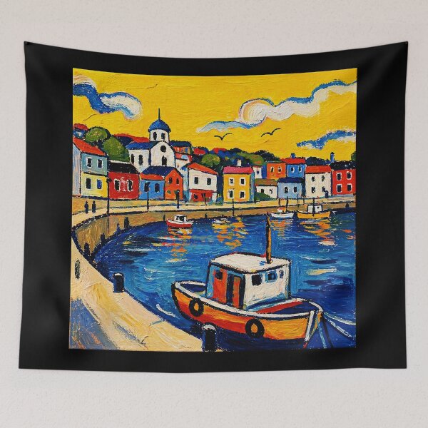 Item preview, Colorful Coastal Harbor Painting With Bright Mediterranean Village designed and sold by Modaozushi216.