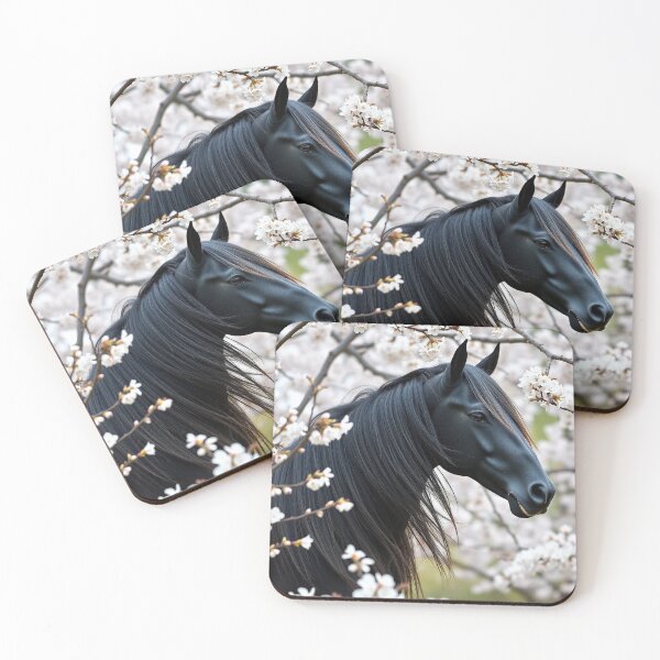 Item preview, Elegant Black Horse Among Delicate White Cherry Blossoms designed and sold by IntelliMindDesigns.