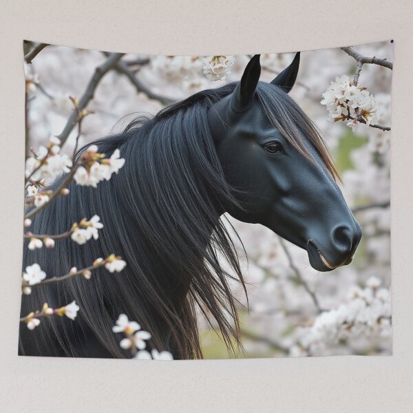 Item preview, Elegant Black Horse Among Delicate White Cherry Blossoms designed and sold by IntelliMindDesigns.