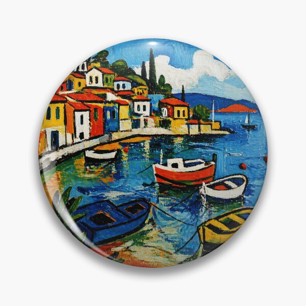 Item preview, Colorful Mediterranean Harbor Painting with Boats and Coastal Village View designed and sold by Modaozushi216.