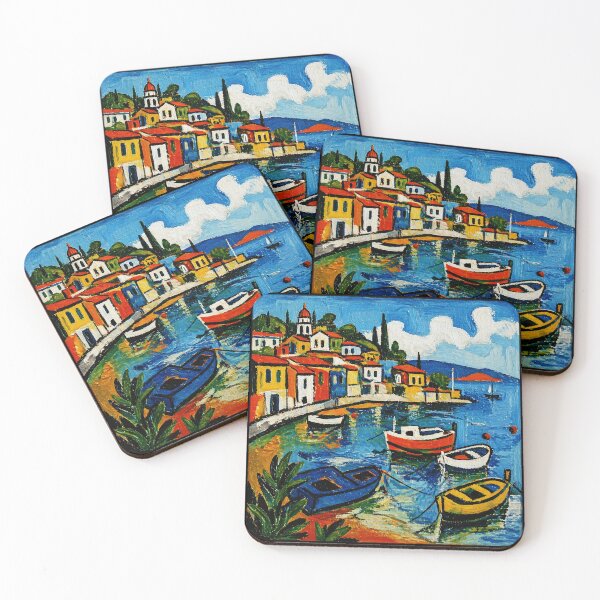 Item preview, Colorful Mediterranean Harbor Painting with Boats and Coastal Village View designed and sold by Modaozushi216.