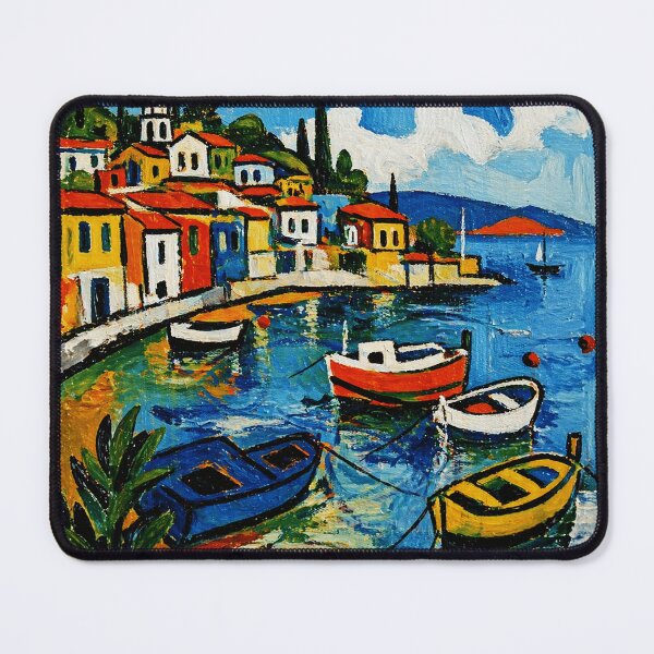 Item preview, Colorful Mediterranean Harbor Painting with Boats and Coastal Village View designed and sold by Modaozushi216.