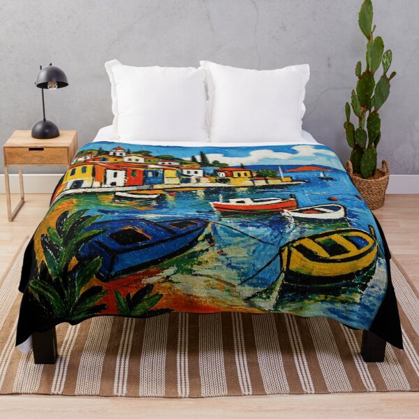 Item preview, Colorful Mediterranean Harbor Painting with Boats and Coastal Village View designed and sold by Modaozushi216.
