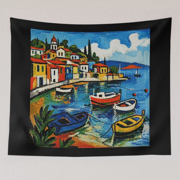 Item preview, Colorful Mediterranean Harbor Painting with Boats and Coastal Village View designed and sold by Modaozushi216.