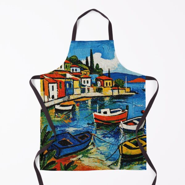 Item preview, Colorful Mediterranean Harbor Painting with Boats and Coastal Village View designed and sold by Modaozushi216.