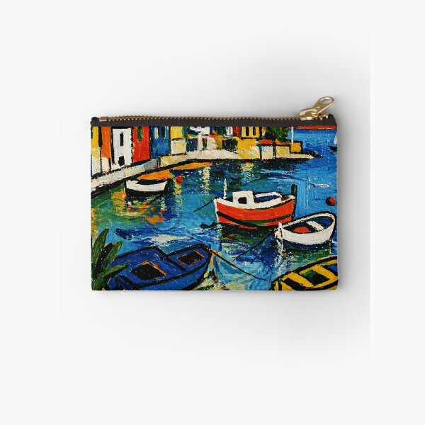 Item preview, Colorful Mediterranean Harbor Painting with Boats and Coastal Village View designed and sold by Modaozushi216.