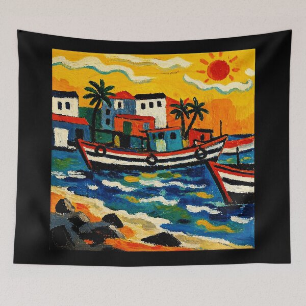 Item preview, Colorful Tropical Fishing Boats Coastal Village Folk designed and sold by Modaozushi216.