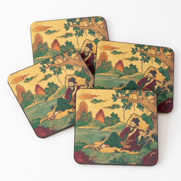 Item preview, Vintage East Asian Folk Musician Beside Riverside Mountain Landscape designed and sold by eliramaison.