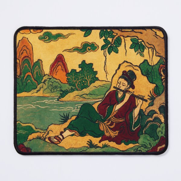 Item preview, Vintage East Asian Folk Musician Beside Riverside Mountain Landscape designed and sold by eliramaison.