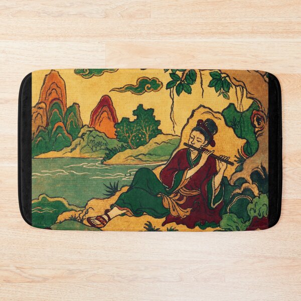 Item preview, Vintage East Asian Folk Musician Beside Riverside Mountain Landscape designed and sold by eliramaison.