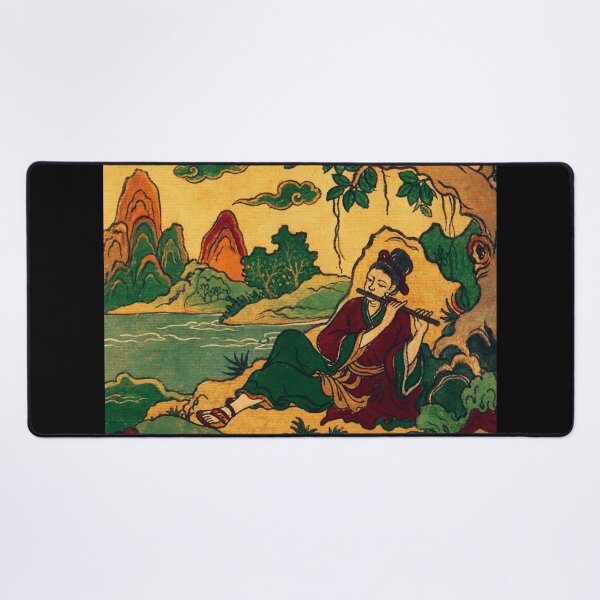 Item preview, Vintage East Asian Folk Musician Beside Riverside Mountain Landscape designed and sold by eliramaison.