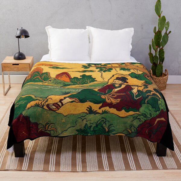 Item preview, Vintage East Asian Folk Musician Beside Riverside Mountain Landscape designed and sold by eliramaison.