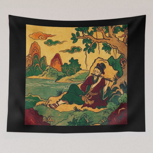 Item preview, Vintage East Asian Folk Musician Beside Riverside Mountain Landscape designed and sold by eliramaison.