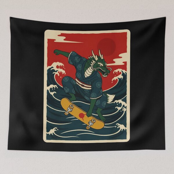 Item preview, Skateboarding Dragon Riding Ocean Waves in Retro Japanese designed and sold by JordynLadukeg65.