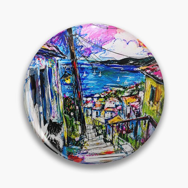 Item preview, Title: Colorful Coastal Stairway Painting With Harbor View and Black Cat designed and sold by eliramaison.