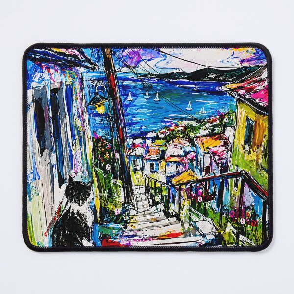 Item preview, Title: Colorful Coastal Stairway Painting With Harbor View and Black Cat designed and sold by eliramaison.