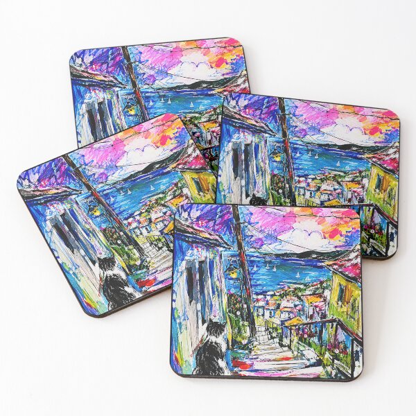 Item preview, Title: Colorful Coastal Stairway Painting With Harbor View and Black Cat designed and sold by eliramaison.