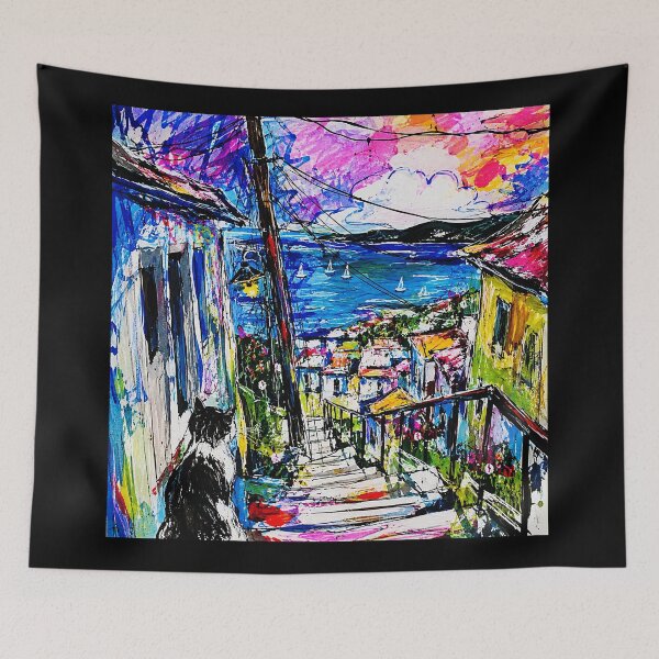 Item preview, Title: Colorful Coastal Stairway Painting With Harbor View and Black Cat designed and sold by eliramaison.