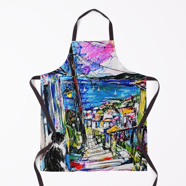 Item preview, Title: Colorful Coastal Stairway Painting With Harbor View and Black Cat designed and sold by eliramaison.