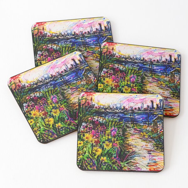 Item preview, Colorful Abstract Garden Path Painting with Waterfront City Skyline designed and sold by eliramaison.