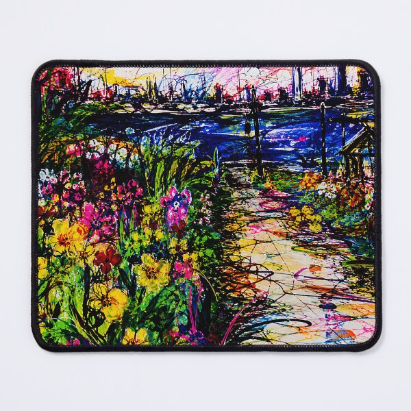 Item preview, Colorful Abstract Garden Path Painting with Waterfront City Skyline designed and sold by eliramaison.