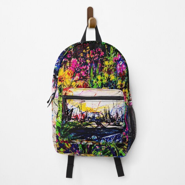 Item preview, Colorful Abstract Garden Path Painting with Waterfront City Skyline designed and sold by eliramaison.