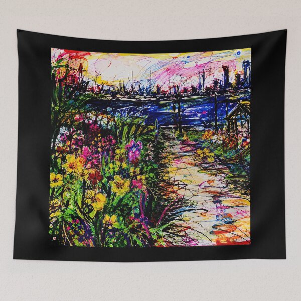 Item preview, Colorful Abstract Garden Path Painting with Waterfront City Skyline designed and sold by eliramaison.