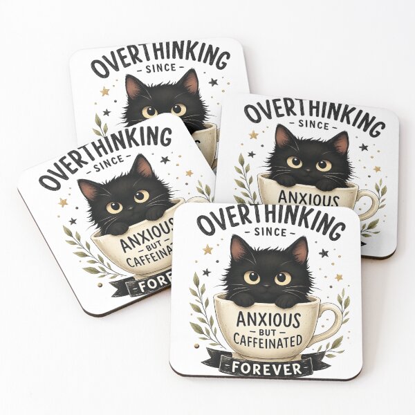Item preview, Overthinking Since Forever – Anxious but Caffeinated Cute Black Cat Coffee Design designed and sold by WinterStorm01.