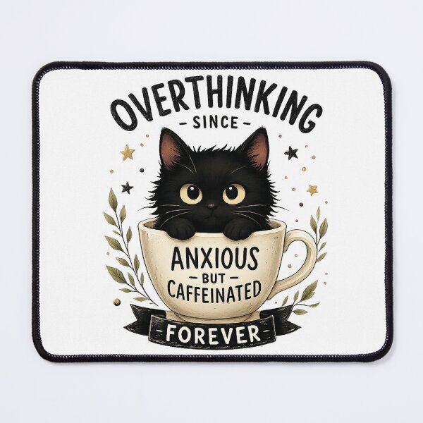 Item preview, Overthinking Since Forever – Anxious but Caffeinated Cute Black Cat Coffee Design designed and sold by WinterStorm01.