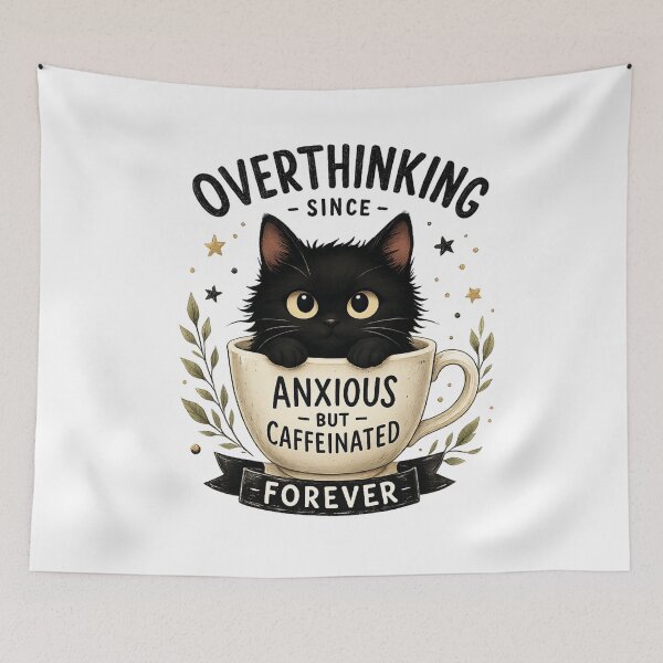 Item preview, Overthinking Since Forever – Anxious but Caffeinated Cute Black Cat Coffee Design designed and sold by WinterStorm01.
