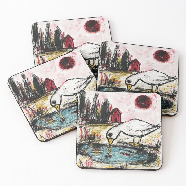 Item preview, Expressionist White Bird Painting Beside Quiet Pond and Red Cottage designed and sold by eliramaison.