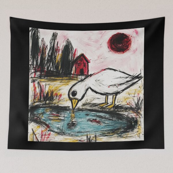 Item preview, Expressionist White Bird Painting Beside Quiet Pond and Red Cottage designed and sold by eliramaison.