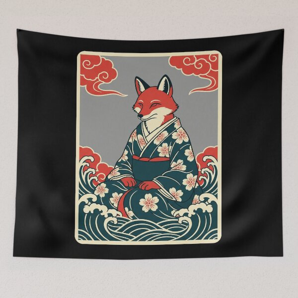Item preview, Elegant Fox in Floral Kimono with Japanese Wave Style designed and sold by JordynLadukeg65.
