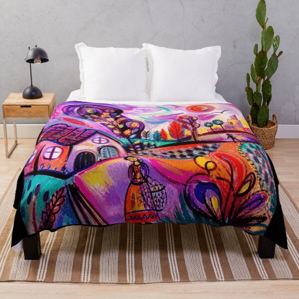 Item preview, Whimsical Countryside Village Colorful Folk Dreamscape Painting designed and sold by eliramaison.