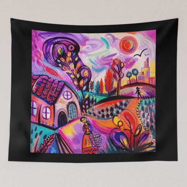 Item preview, Whimsical Countryside Village Colorful Folk Dreamscape Painting designed and sold by eliramaison.