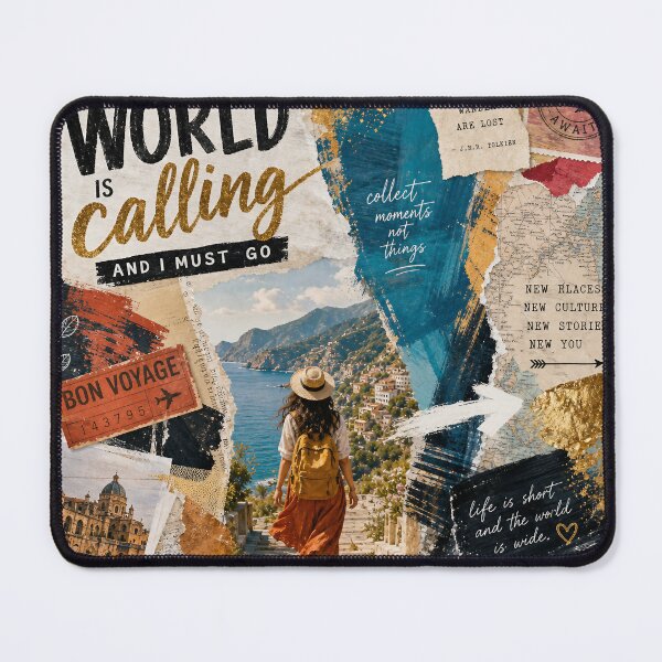 Item preview, WORLD IS CALLING — Mixed‑Media Travel Collage Poster designed and sold by Jandedan.