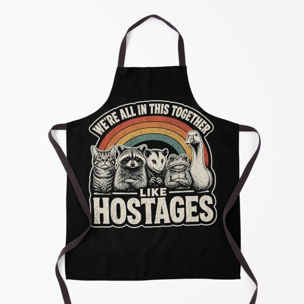 Item preview, “We’re All in This Together Like Hostages” Funny Vintage Meme – Cat Raccoon Opossum Frog Goose Rainbow designed and sold by PosiMCreations.