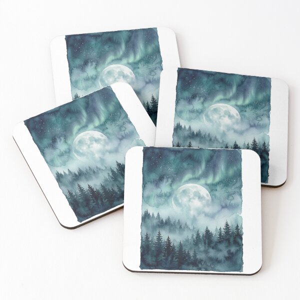 Item preview, Moonlit Forest Aurora Watercolor Landscape designed and sold by drawlinershop.