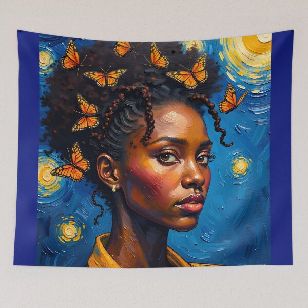 Item preview, Starry Night Afro Woman Portrait Butterfly Art designed and sold by canvahub.