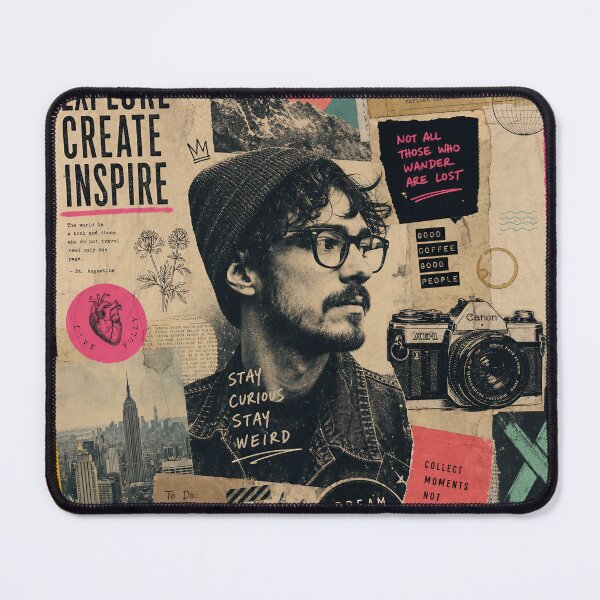Item preview, EXPLORE • CREATE • INSPIRE — Mixed‑Media Collage Poster (Hipster Eclectic) designed and sold by Jandedan.