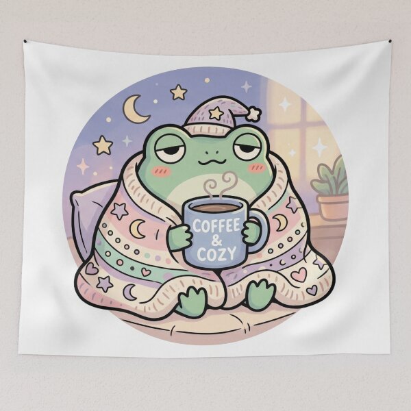 Item preview, Sleepy Frog Cozy Coffee Aesthetic Illustration | Cute Cottagecore Frog Art designed and sold by ArtsyExplorer.