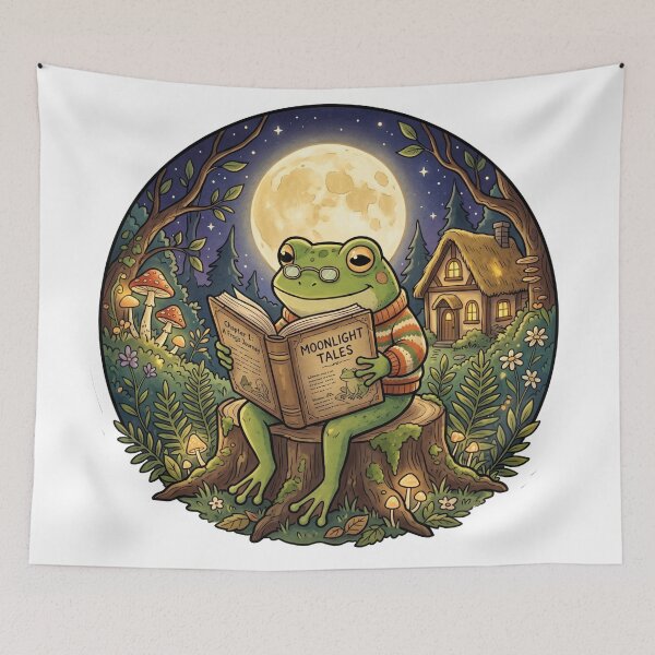 Item preview, Frog Reading Under Moonlight Cottagecore Illustration | Whimsical Cozy Frog Art designed and sold by ArtsyExplorer.
