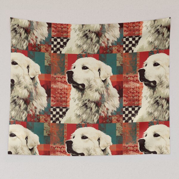 Item preview, Great Pyrenees puppy dog on red patchwork  designed and sold by MendaciousMina.