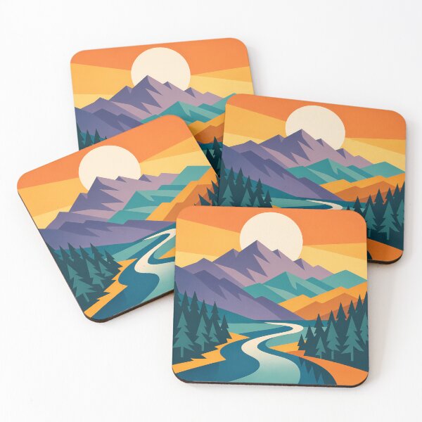 Item preview, Geometric Mountain Sunset with River and Pines designed and sold by InkSmithery.