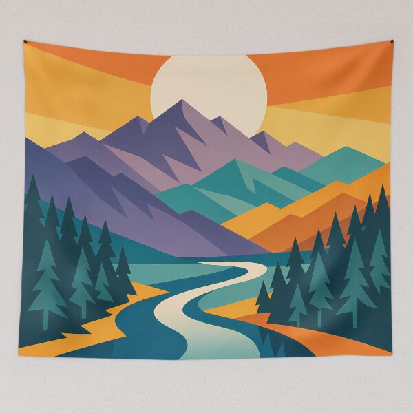 Item preview, Geometric Mountain Sunset with River and Pines designed and sold by InkSmithery.