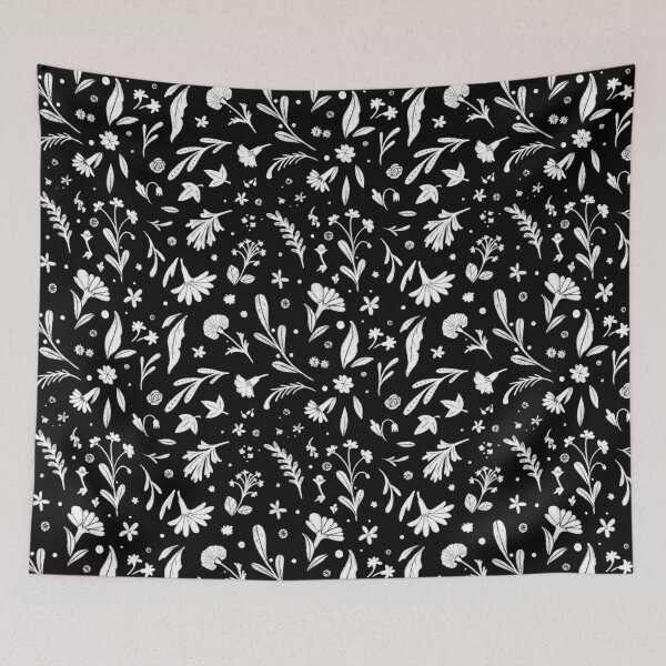 Item preview, Black and white ornamental flower and plant pattern designed and sold by anaislalovi.